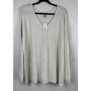 EVRI Women's Ivory Sequined Sweater Drop Shoulder V-Neck Stretch Festive 3X NEW